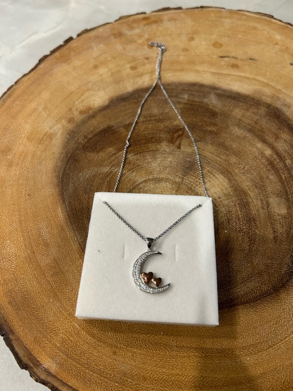 Charm Silver Crescent Moon Pendant Necklace with Rose Gold Hearts